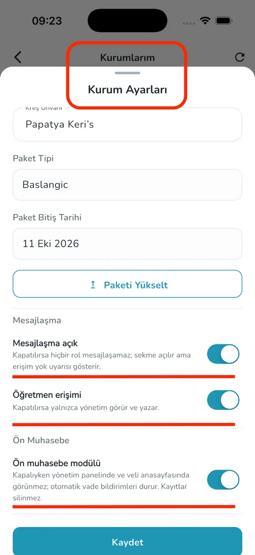 Modülleri ayarlayın ekranı